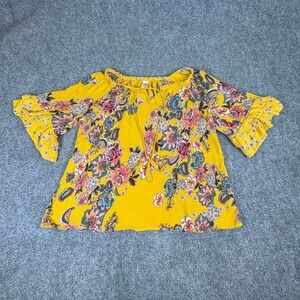 Bila Top Women's M‎ Floral Peasant  Ruffle Sleeve Boho Gold Yellow Cottagecore